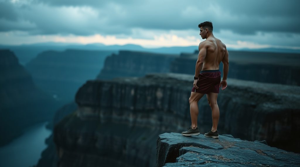 young man standing on a cliff looking proud 