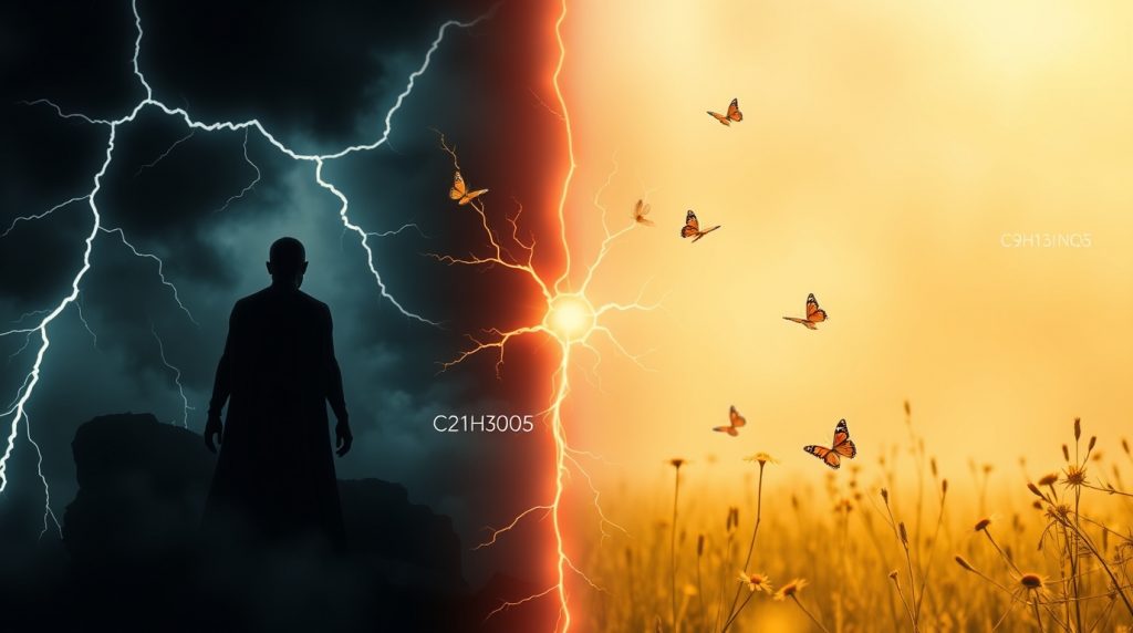 A split-screen image showing a person in a stormy scene transitioning to a peaceful meadow, symbolizing cortisol, adrenaline, and endorphins at work.