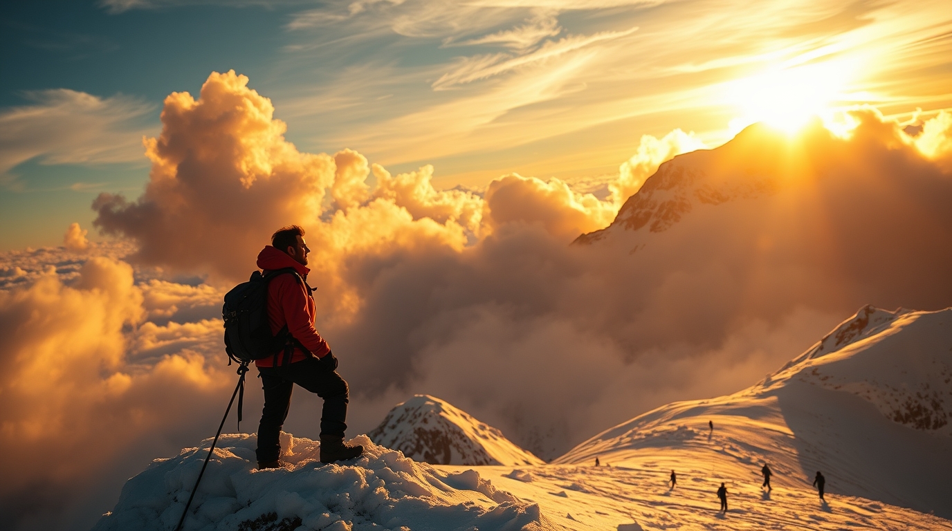 A climber ascending a snow-covered mountain at sunrise, symbolizing mental toughness and resilience.