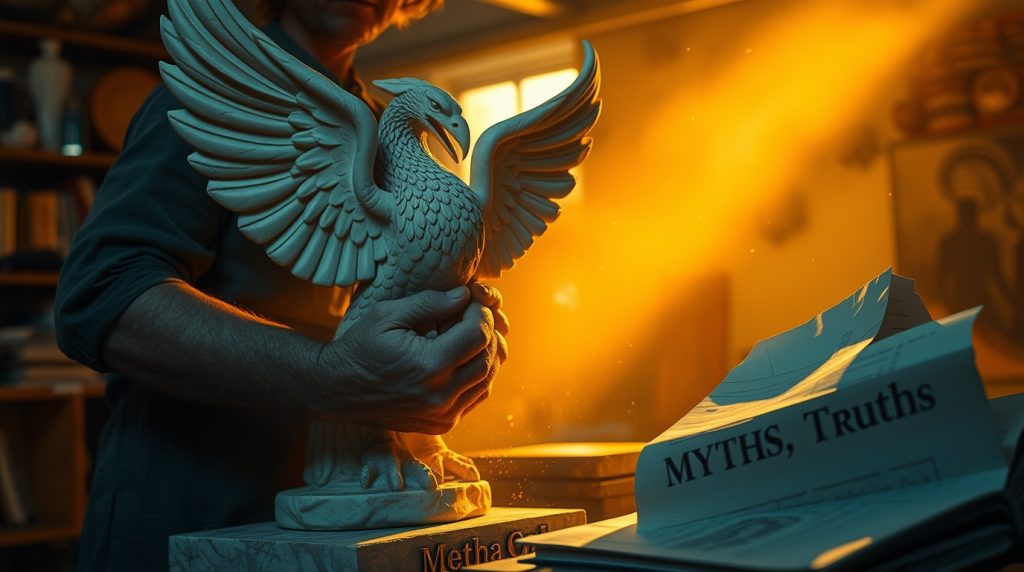 A sculptor carving a phoenix out of marble, surrounded by sunlight and dust, symbolizing debunking myths about mental toughness.