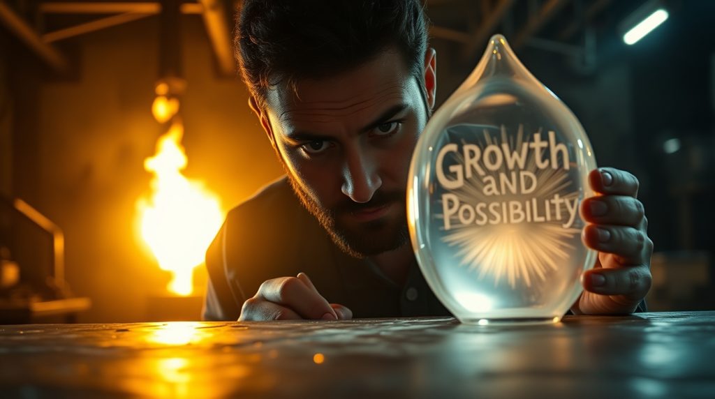 A glass artisan transforming molten glass into a glowing sculpture, symbolizing reframing challenges as opportunities for growth.