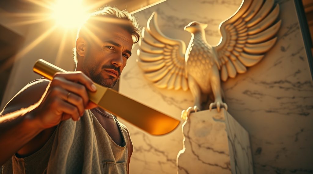 A sculptor shapes a glowing phoenix from marble, symbolizing the power to shape your reality through imagination and intention.