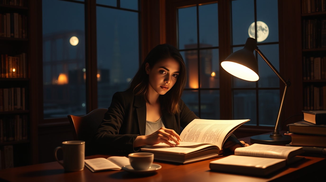 A determined student studies late at night in a dimly lit library, surrounded by books
